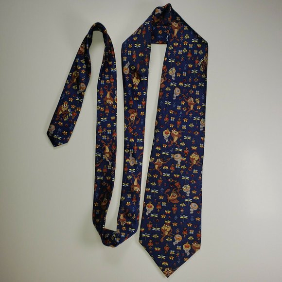 Looney Tunes Taz Tazmanian Devil Butterflies Dragonflies Necktie Tie Navy EUC - Picture 10 of 10